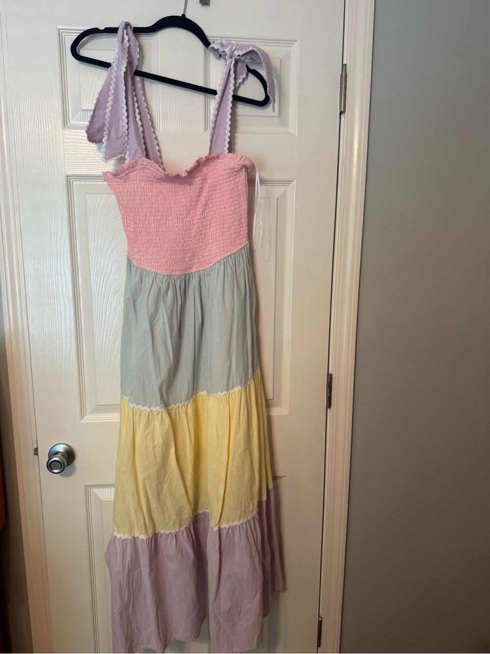 Pastel Tiered Maxi Dress with Smocked Pink Bodice